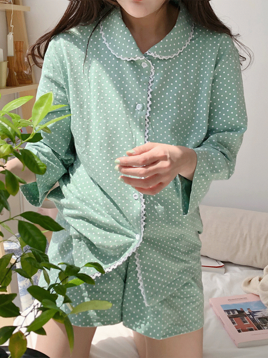 애플민트 도트 프릴 잠옷 파자마 set (2color)